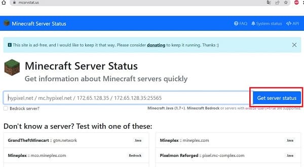 Kiểm tra trạng thái máy chủ Minecraft